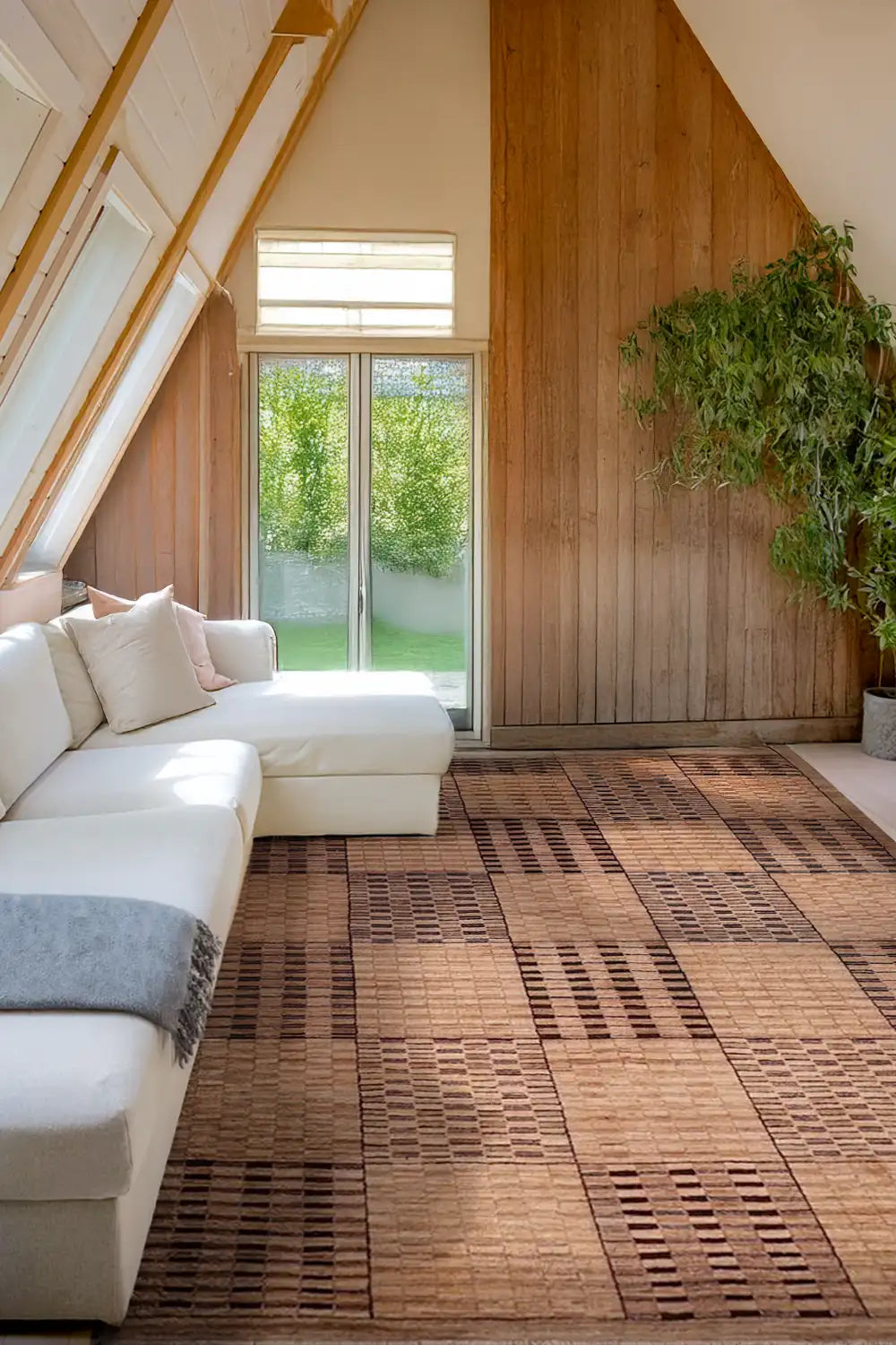 Large brown and tan checkered area rug adding warmth to a minimalist rustic interior