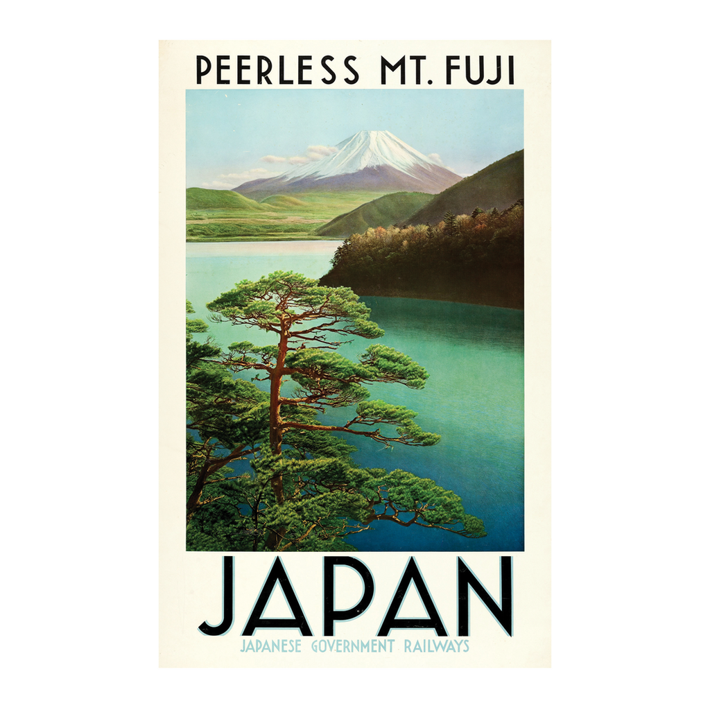 24x36 vintage Japan travel advertisement art print, featuring the majestic Mount Fuji and serene water scene.