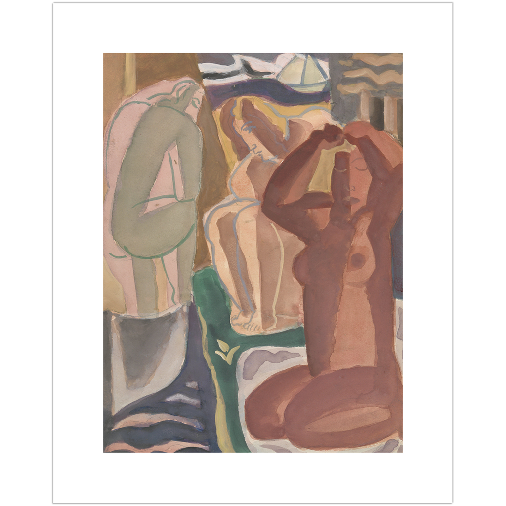 Modern-looking vintage painting of two women bathing in soft browns and light pinks by Leo Gestel.