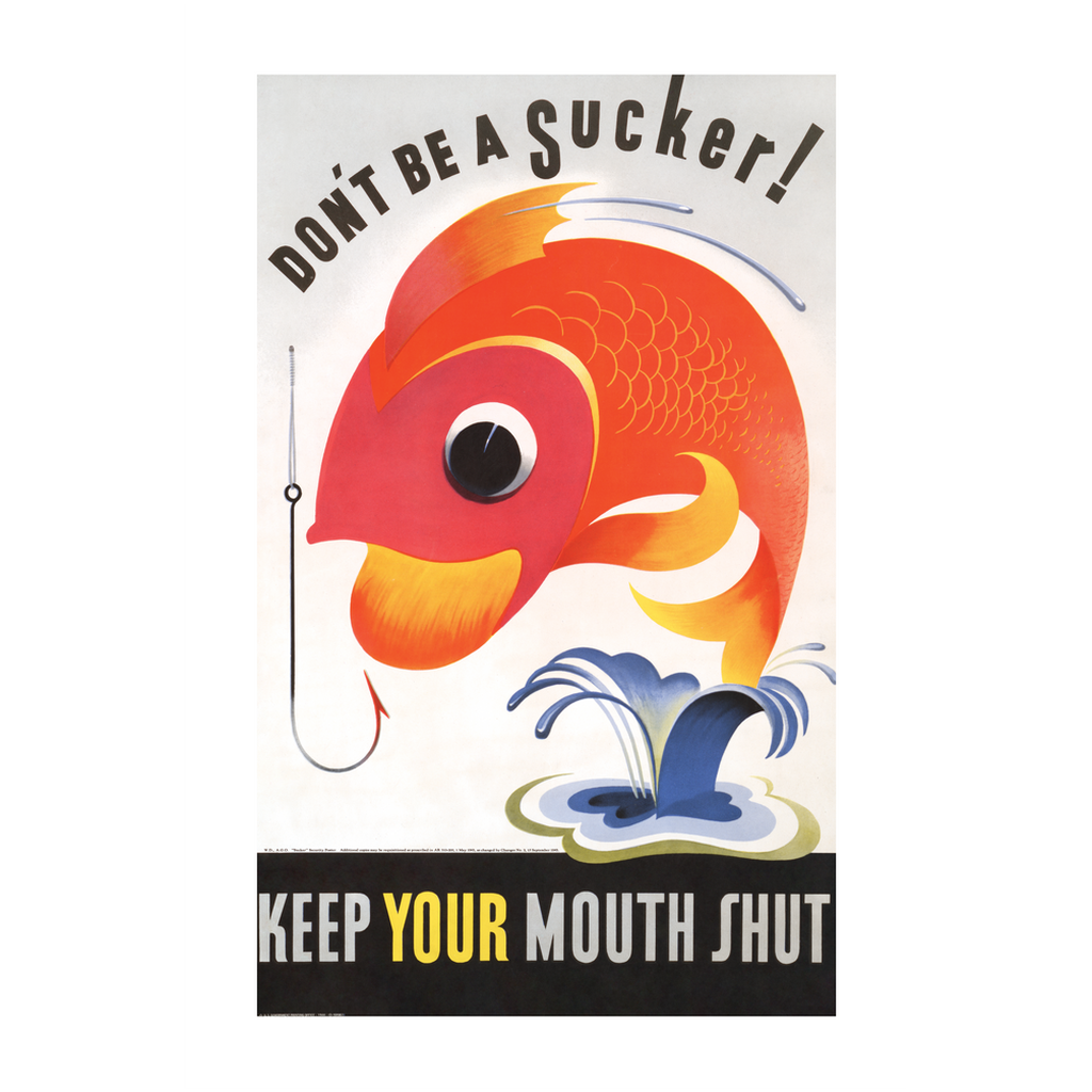 Vintage poster art print of an orange fish beside a hook with playful text warnings.