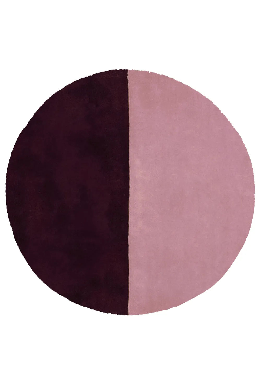 Soft wool round rug in pink and deep burgundy tones.
