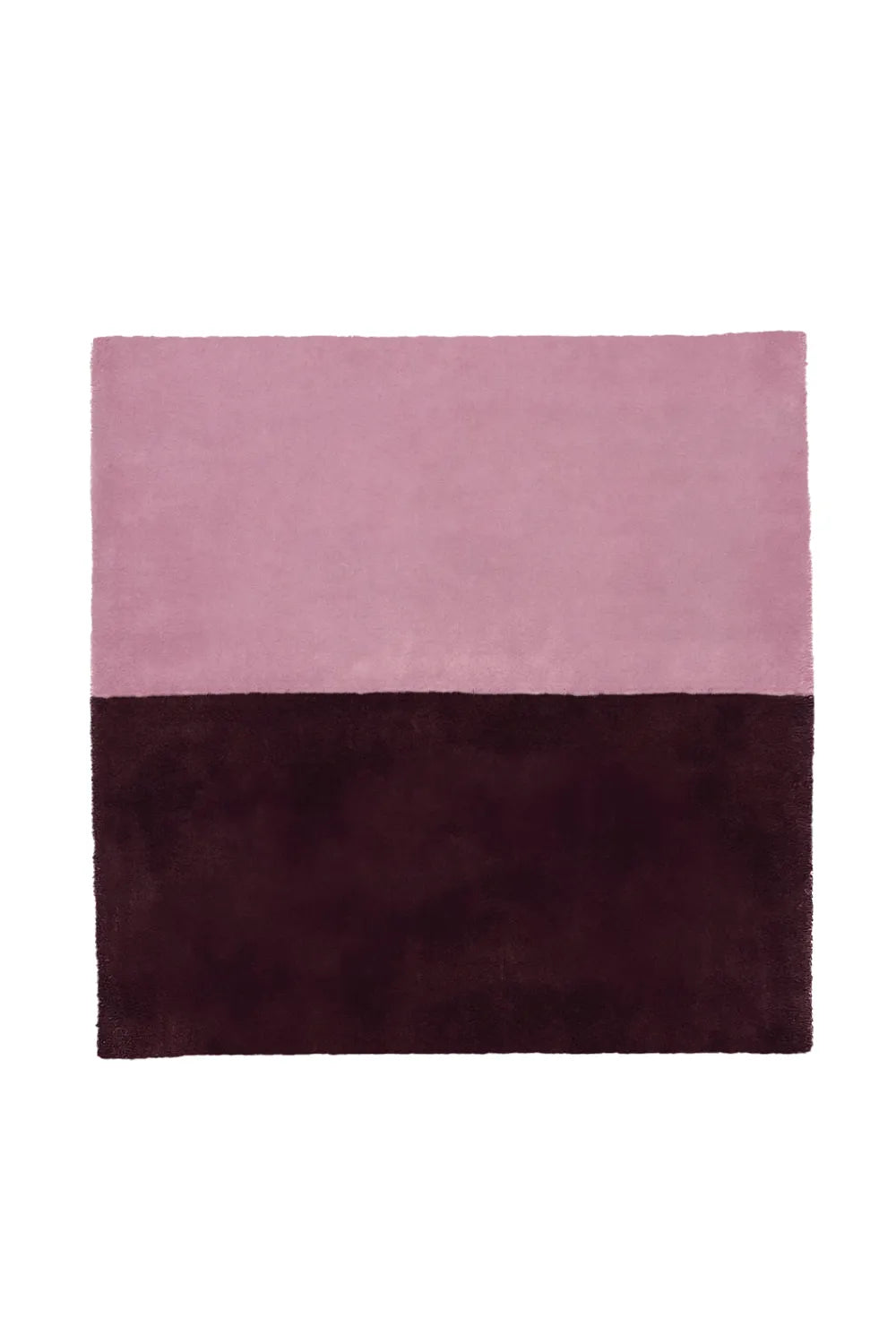 Modern square wool rug with a bold two-tone color block design in pink and burgundy purple