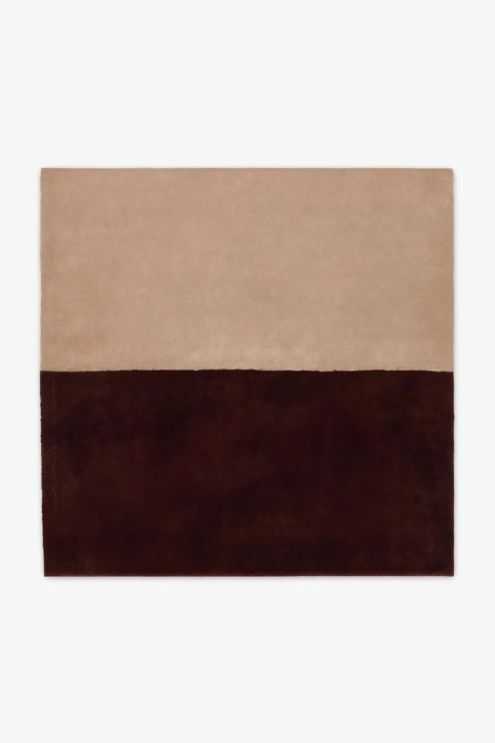 Warm tan and chocolate brown wool square rug in 8 ft square size, fitting beautifully into mid-century modern dining rooms, organic modern spaces, or earthy neutral bedrooms hazelnut