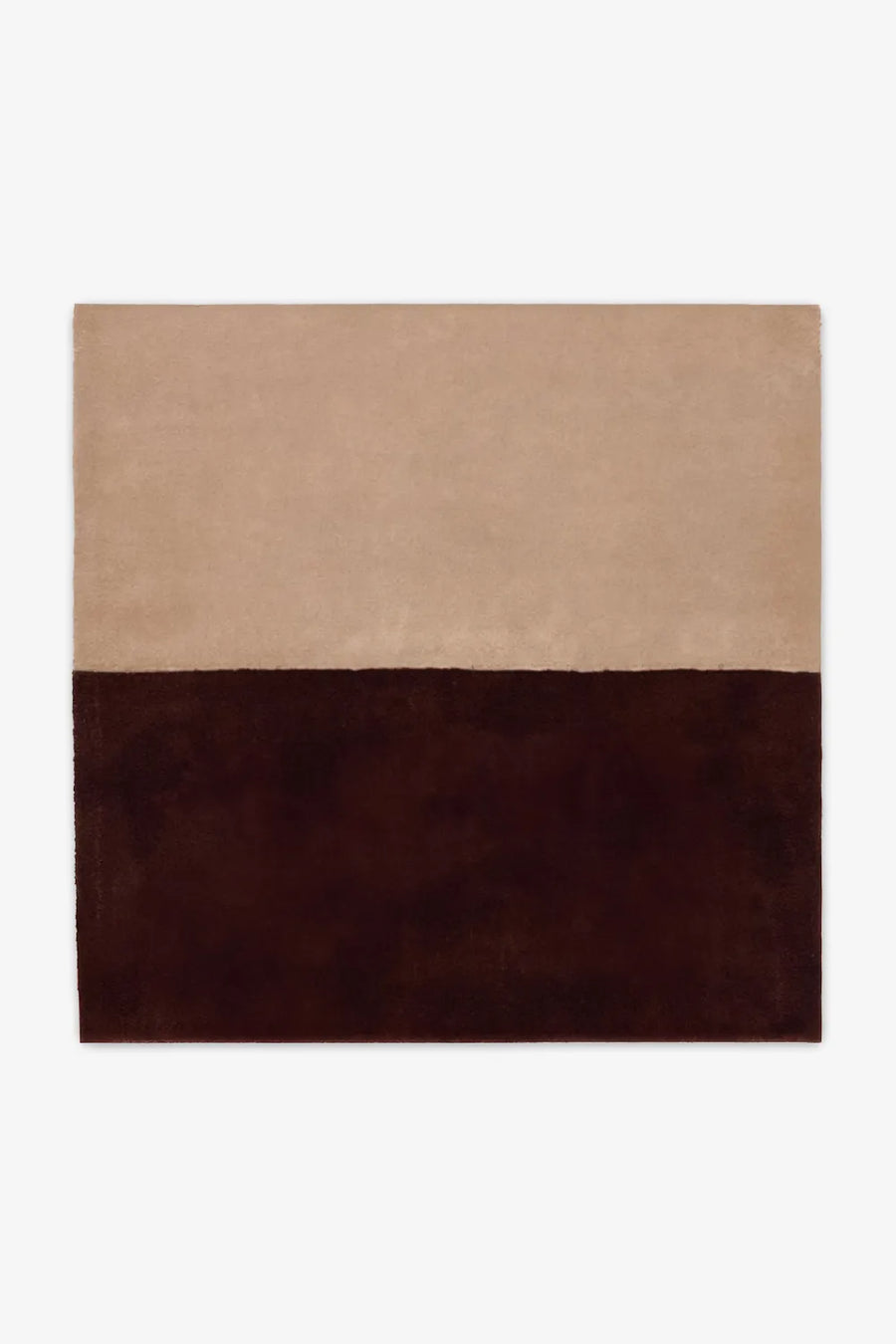 Warm tan and chocolate brown wool square rug in 8 ft square size, fitting beautifully into mid-century modern dining rooms, organic modern spaces, or earthy neutral bedrooms hazelnut