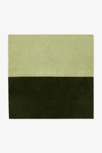 Two-tone green wool square rug sized 7x7 or 8x8, perfect for organic modern interiors, cozy reading nooks, or earthy minimalist spaces olive