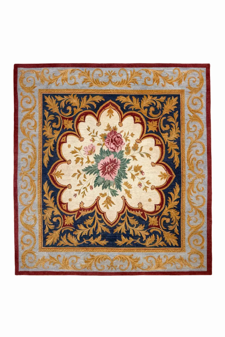 custom persian rug with floral design and intricate border on a white background