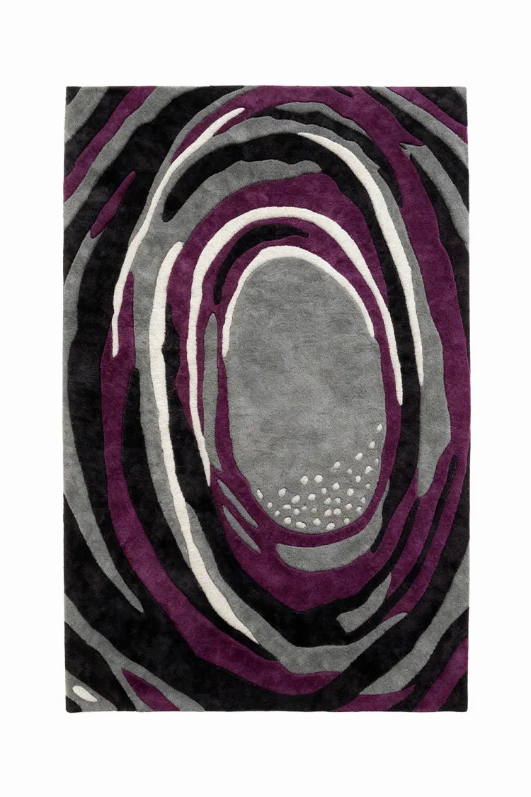 custom rug with abstract pattern of concentric circles in purple, gray, and black on a white background