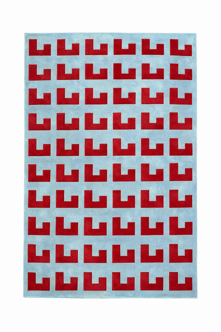 custom geometric rug in red and blue