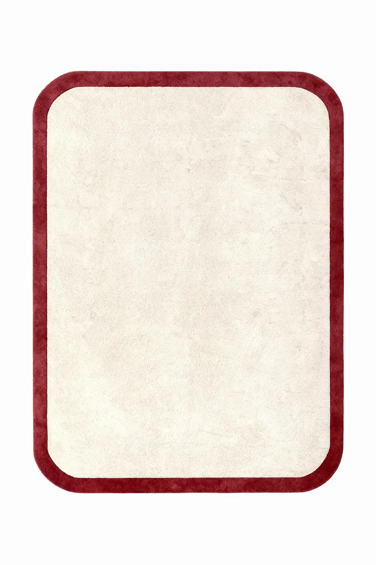 Rectangular custom rug with red border on a white background