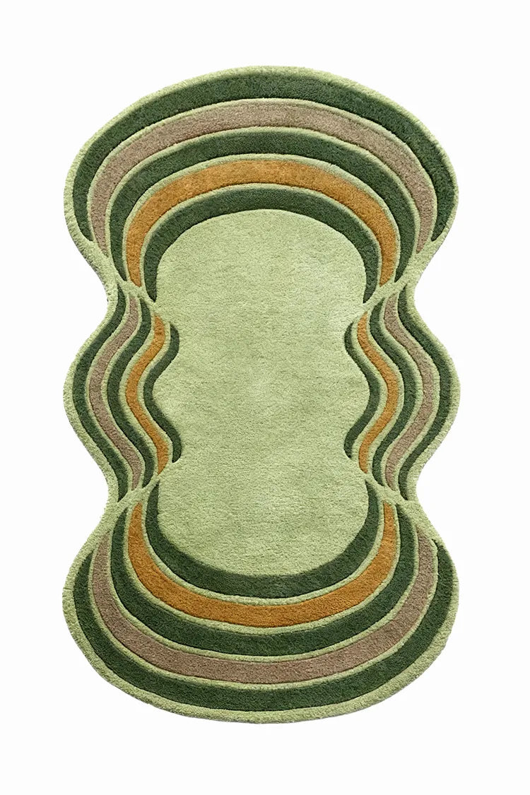custom rug with wavy, multicolored pattern on a white background