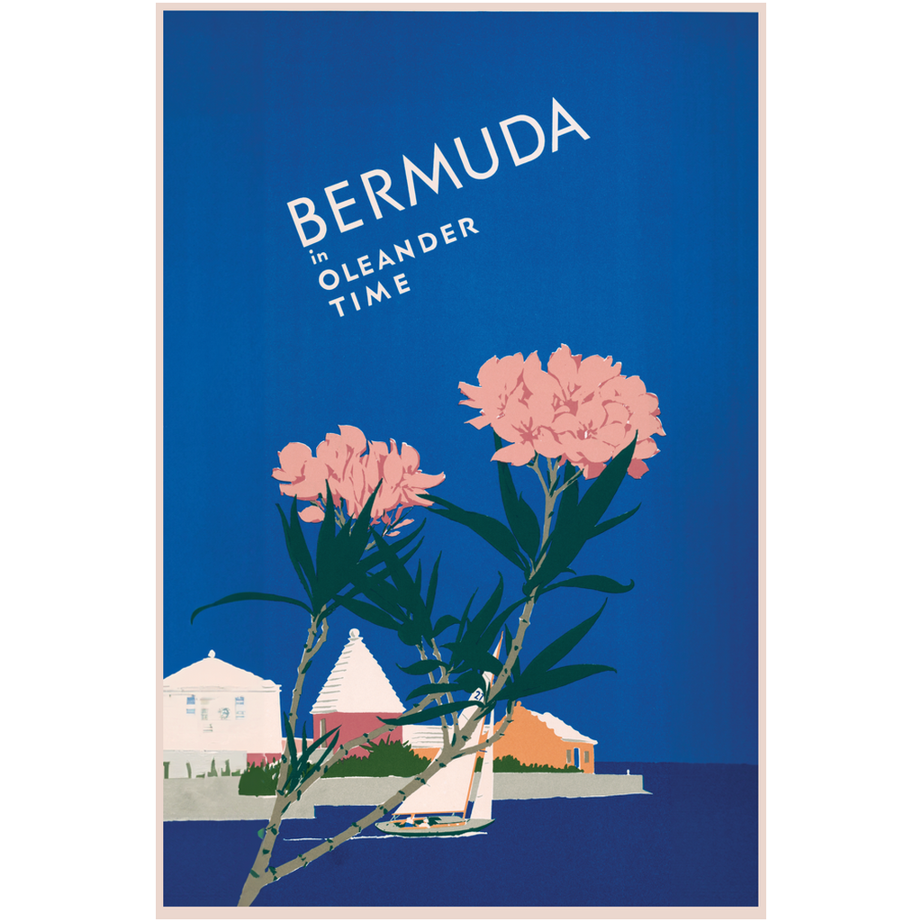 Vintage Bermuda travel poster by Adolf Treidler depicting an island with two pink oleander flowers and "Bermuda in Oleander Time" text on a blue background.