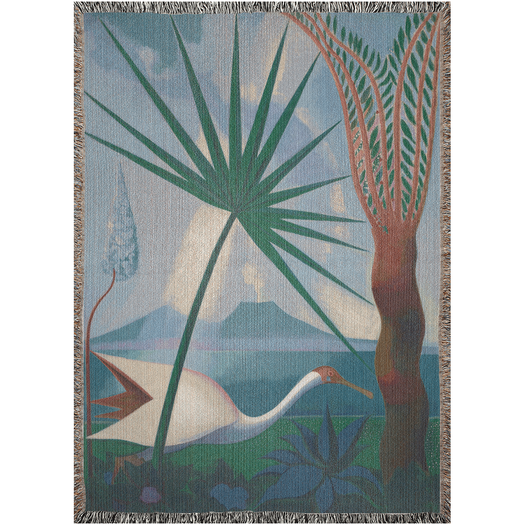 Cotton tapestry blanket featuring a tranquil landscape with lush greenery and a white bird.
