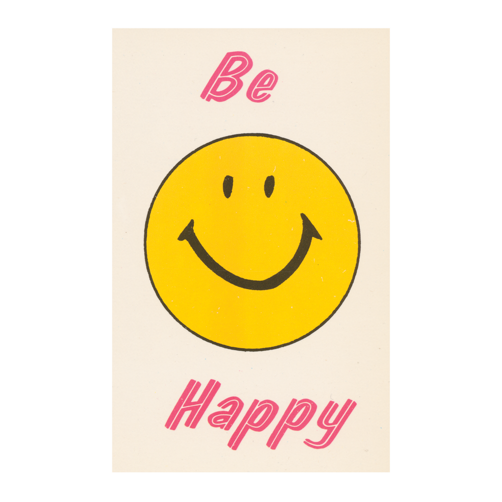 Yellow Smiley Face with pink Be Happy text on Moab Entrada Bright Rag paper