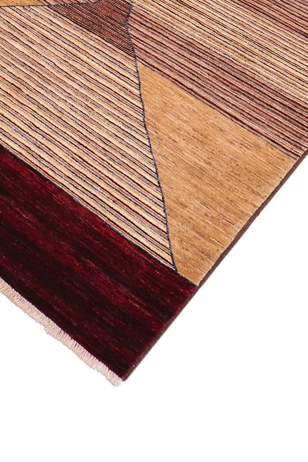 Hand-knotted wool rug featuring geometric linear motifs and warm burgundy borders, ideal for custom rugs and oversized living rooms
