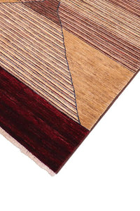 Hand-knotted wool rug featuring geometric linear motifs and warm burgundy borders, ideal for custom rugs and oversized living rooms