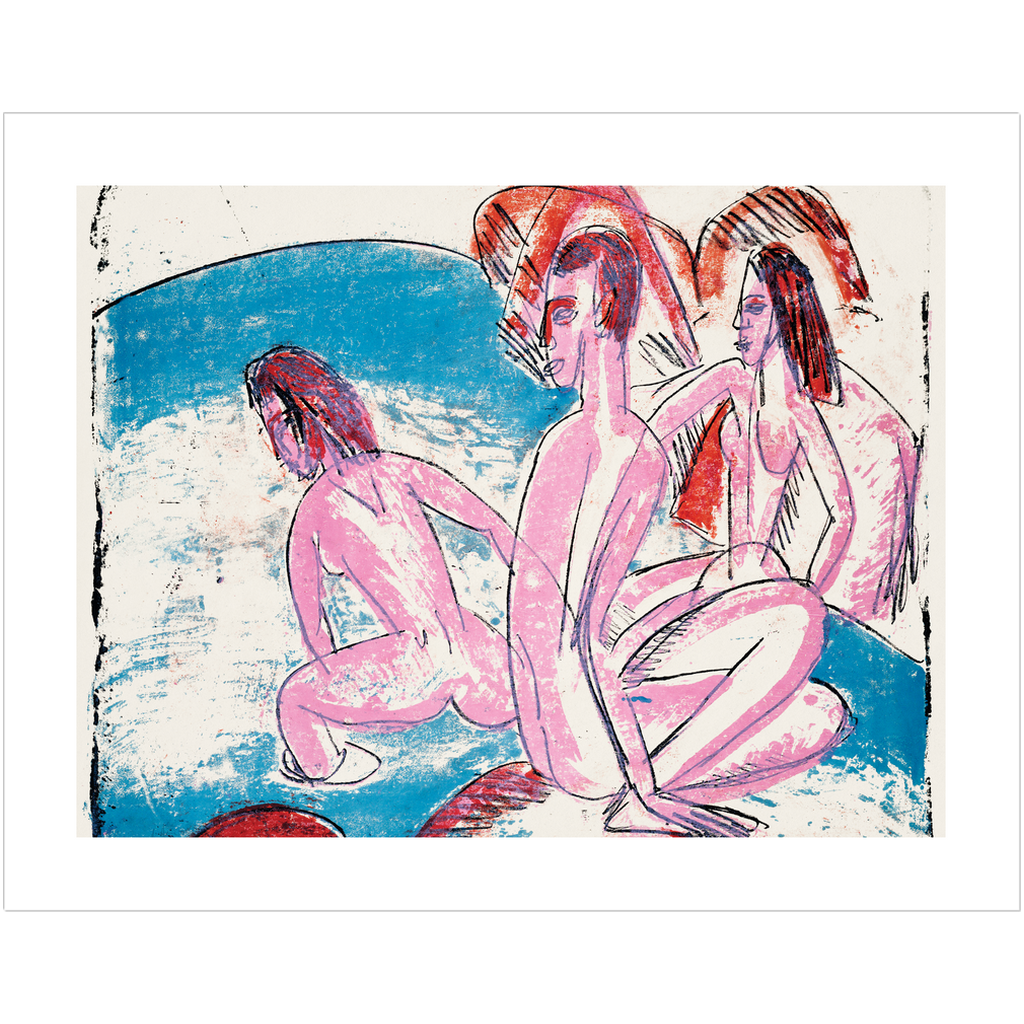 Landscape art print of 'Three Bathers by Stones' by Ernst Ludwig Kirchner, capturing figures in blue, pink, and white hues.
