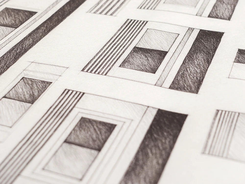 Pencil design sketches for the Fieldwork hand-tufted wool rug, showing a grid of squared-off blocks framed by ruled borders and bands of parallel lines.