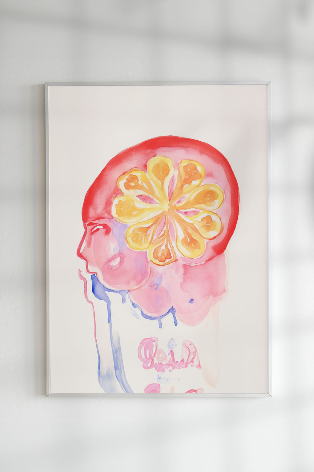 Watercolor art print of a red head with brain made of orange fruit slices on a tan background.