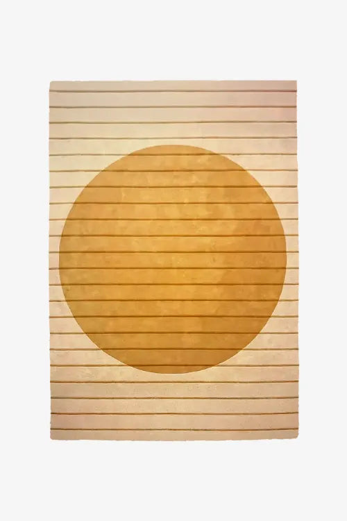 yellow rug with sun motif and tan stripes