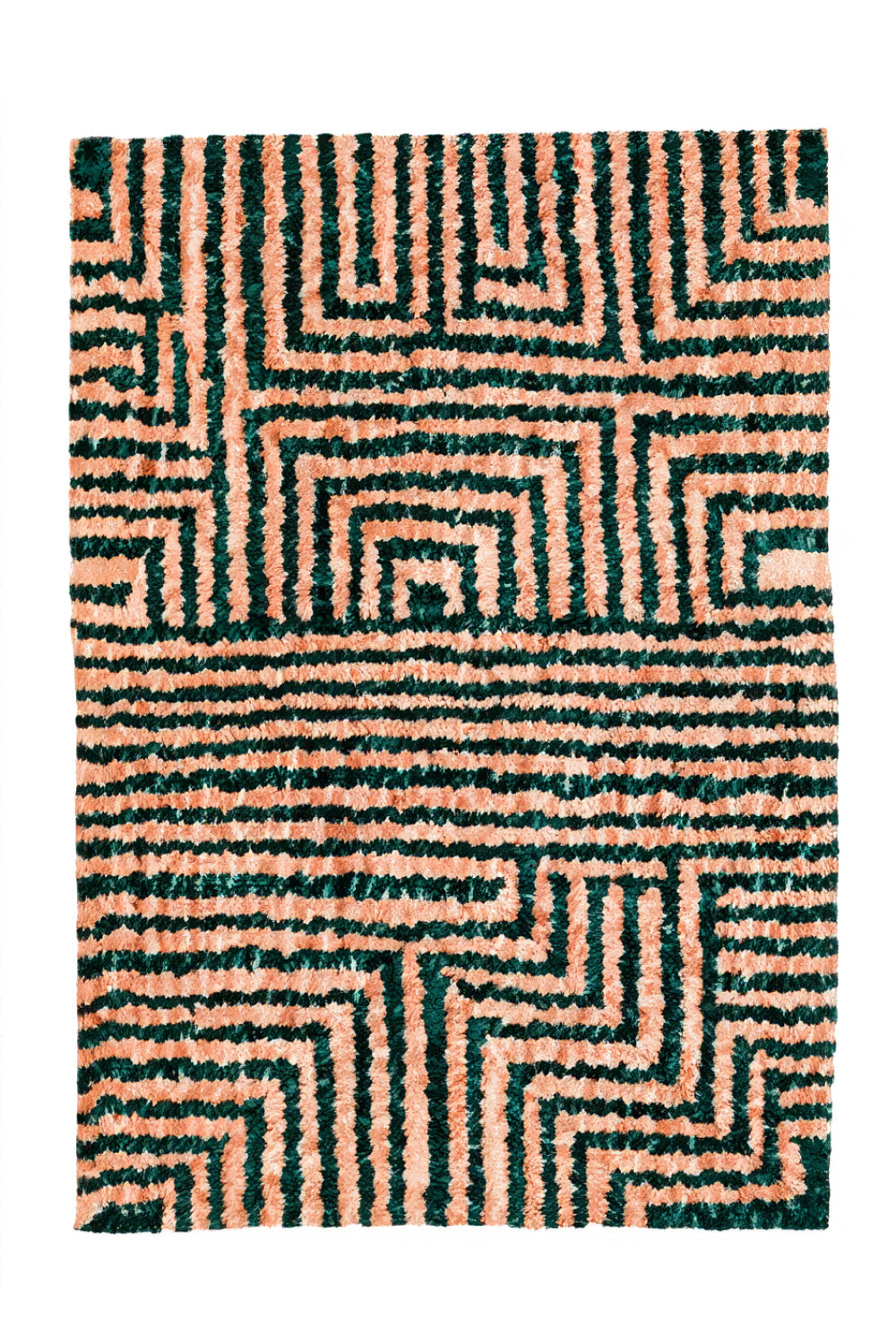 Green and Tan Maze Moroccan Hand Knotted Wool Shag Rug