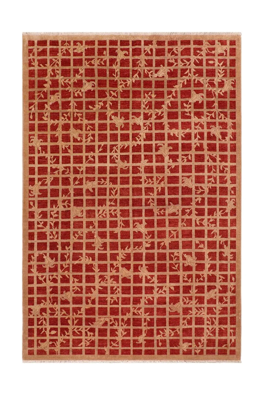 Hand-knotted red and brown wool rug with a subtle grid pattern.
