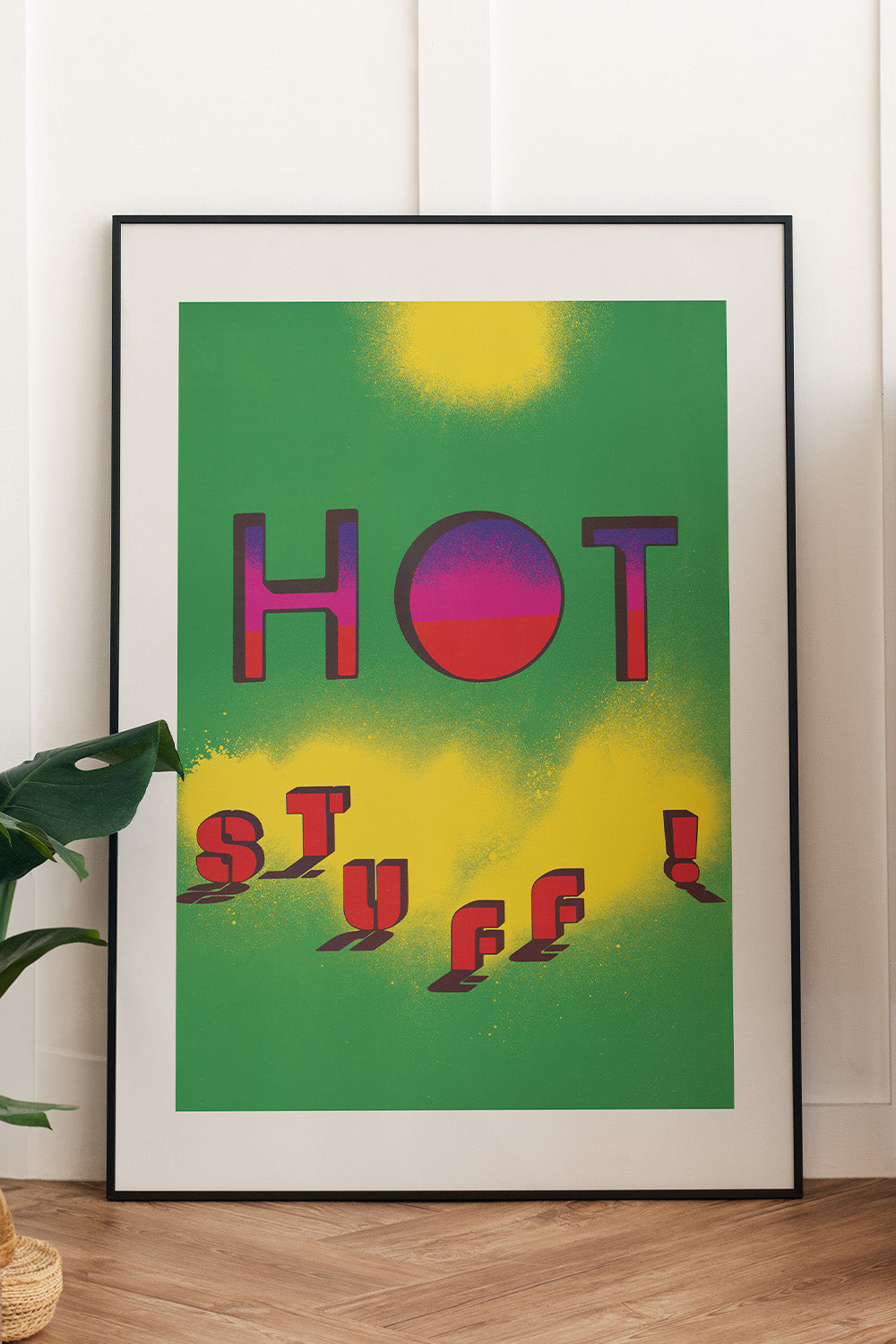 Vintage graphic of "Hot Stuff!" in colorful text on a bold green background.