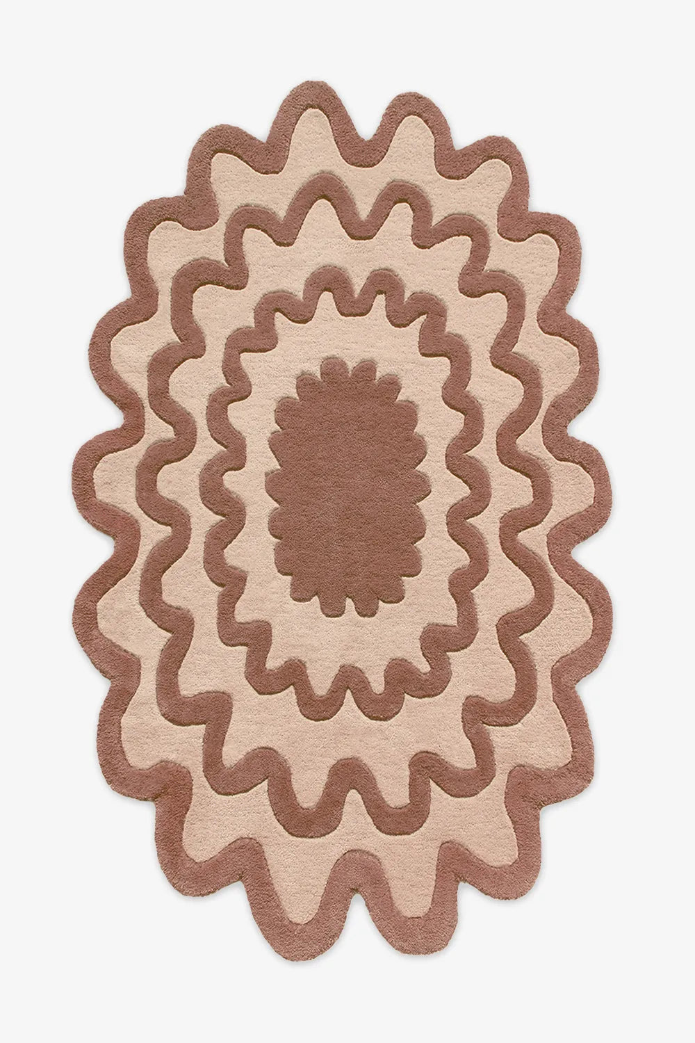 Brown ripple oval wool rug with modern wavy pattern, contemporary boho rug for living room
