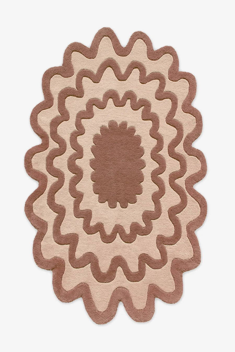 Brown ripple oval wool rug with modern wavy pattern, contemporary boho rug for living room
