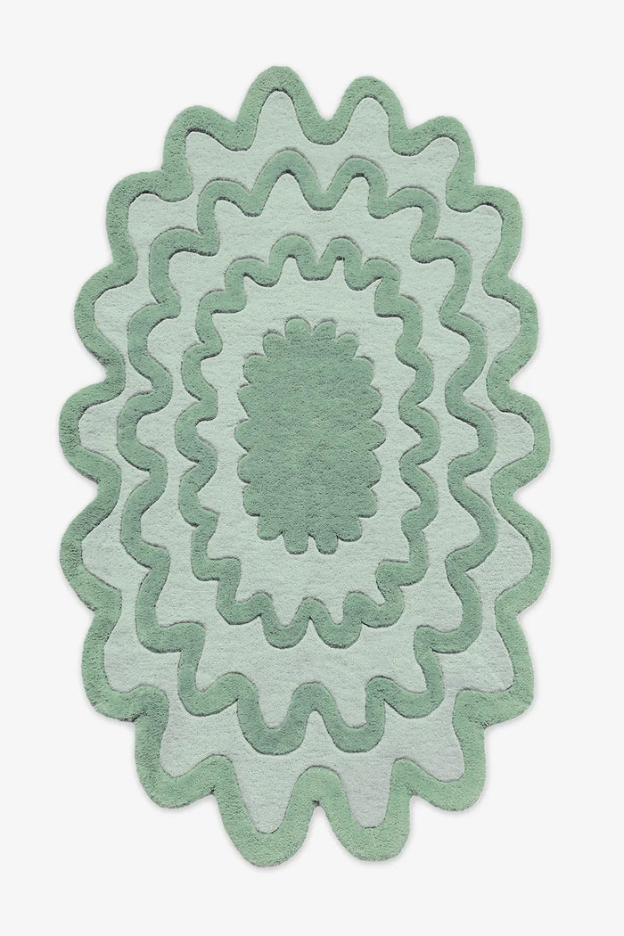 Sage green ripple oval rug, organic modern wool rug perfect for coastal and bohemian interiors