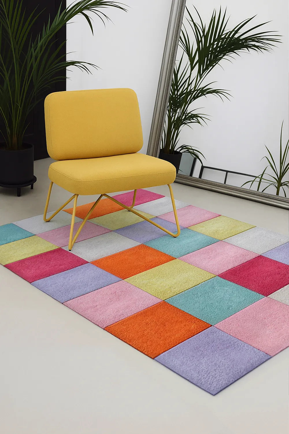 Bright colorful checkered rug in modern boho living room, boutique-style colorful rug 5x7