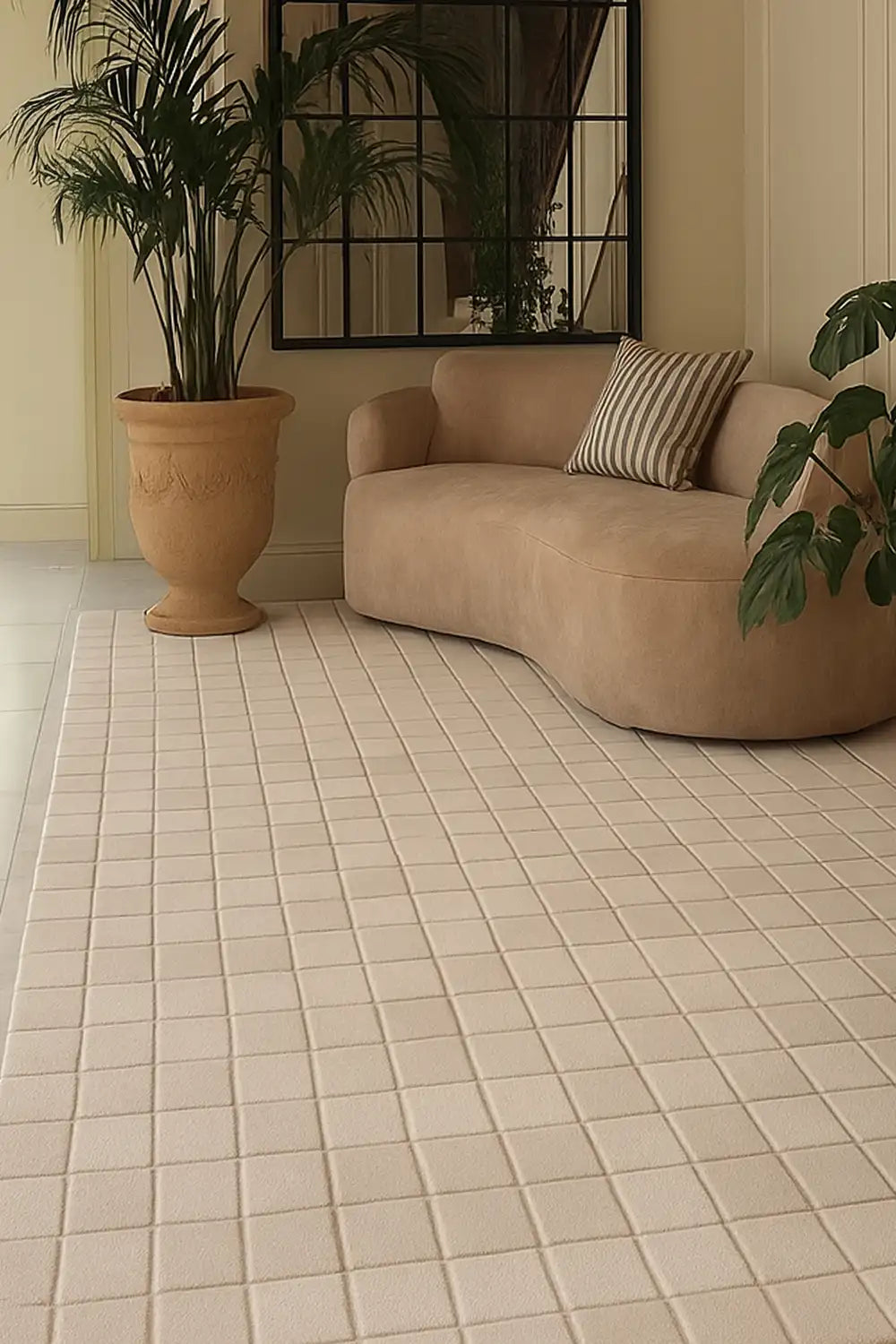 large 8x10 white checkered rug in a modern living room with neutral interior decor