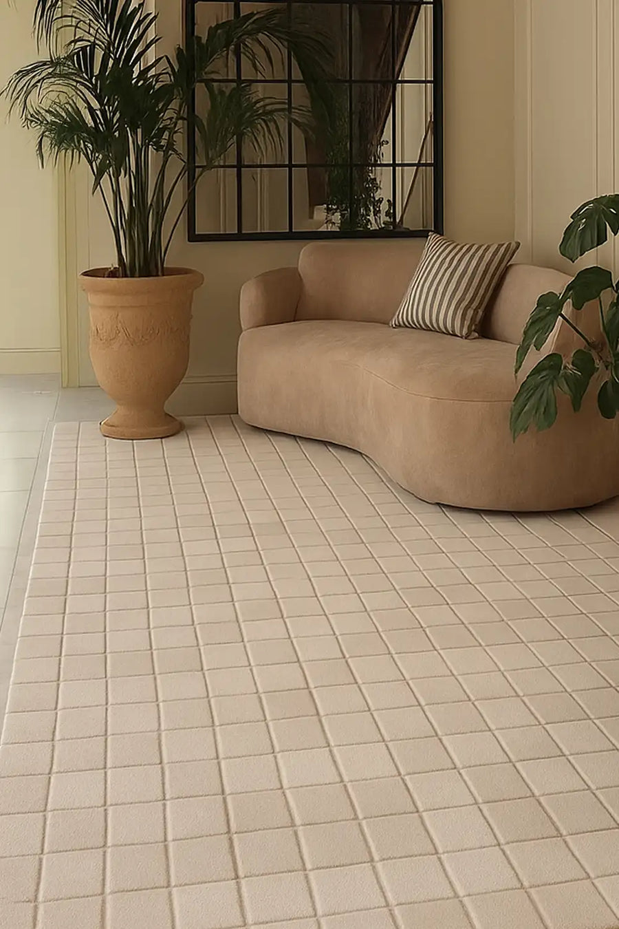 large 8x10 white checkered rug in a modern living room with neutral interior decor