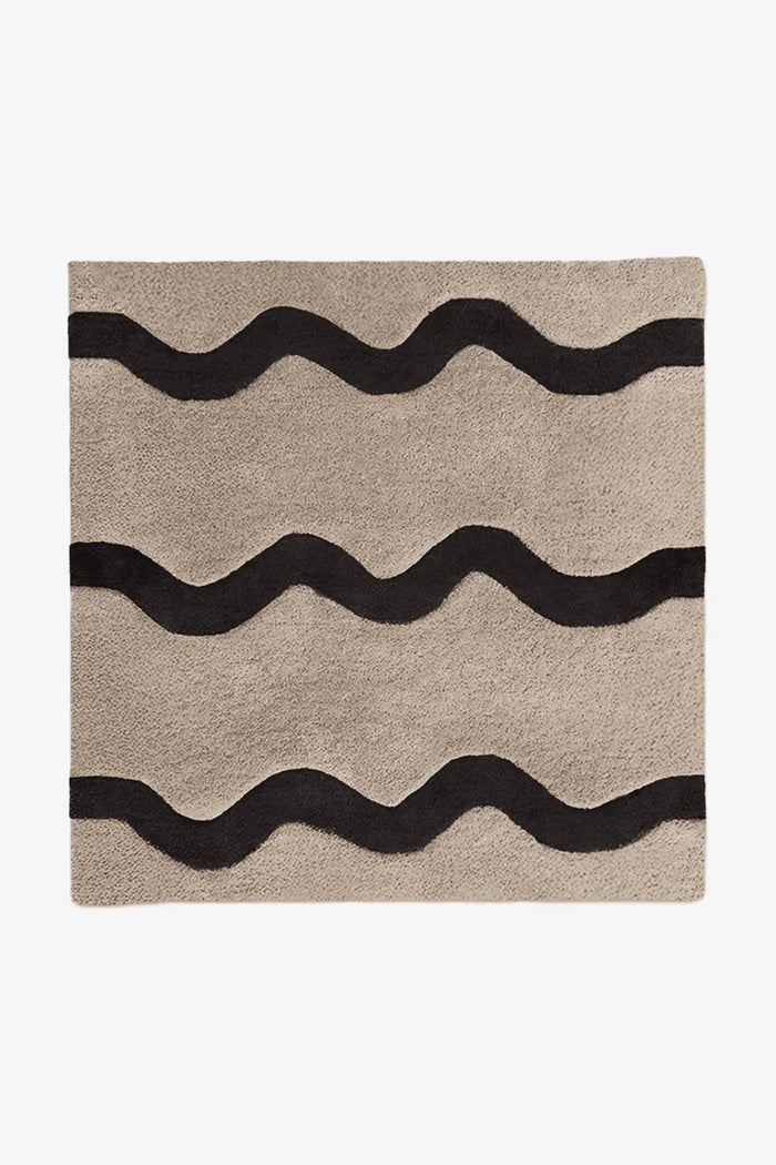 Neutral beige and black wavy square wool rug, perfect for 8x8 and 9x9 layouts in modern minimalist homes, entryways, or kids' rooms