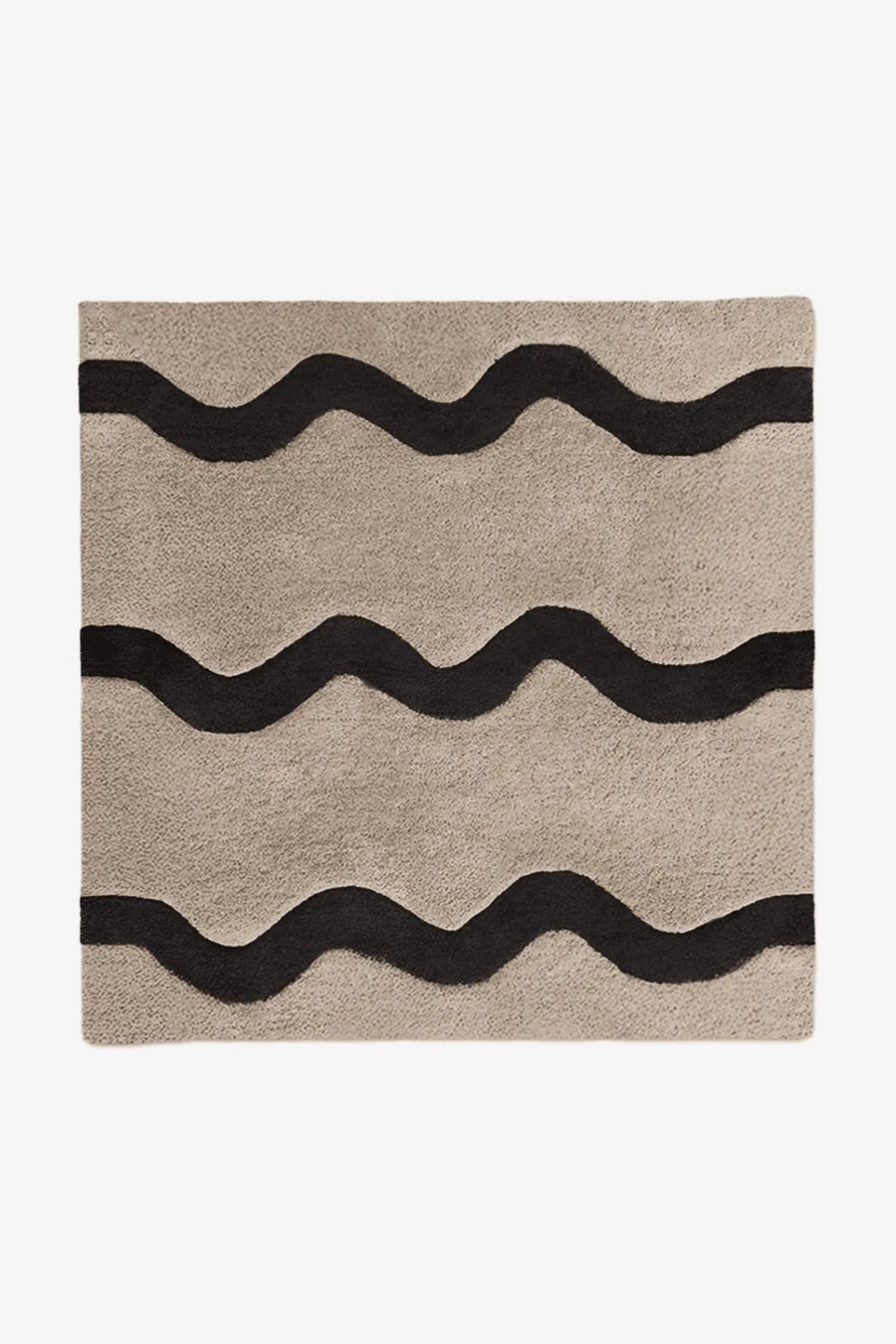 Neutral beige and black wavy square wool rug, perfect for 8x8 and 9x9 layouts in modern minimalist homes, entryways, or kids' rooms