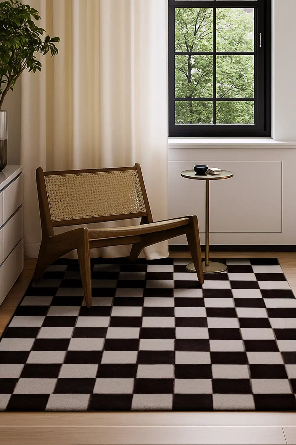 6x9 black and white checkered wool rug in a modern seating area with neutral decor