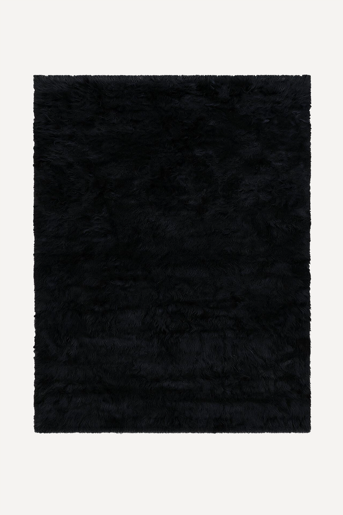 Black Hand-Knotted Shag Wool Rug