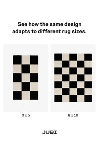 Two checkered rugs with dimensions 3x5 and 8x10, labeled 'JUBI'.