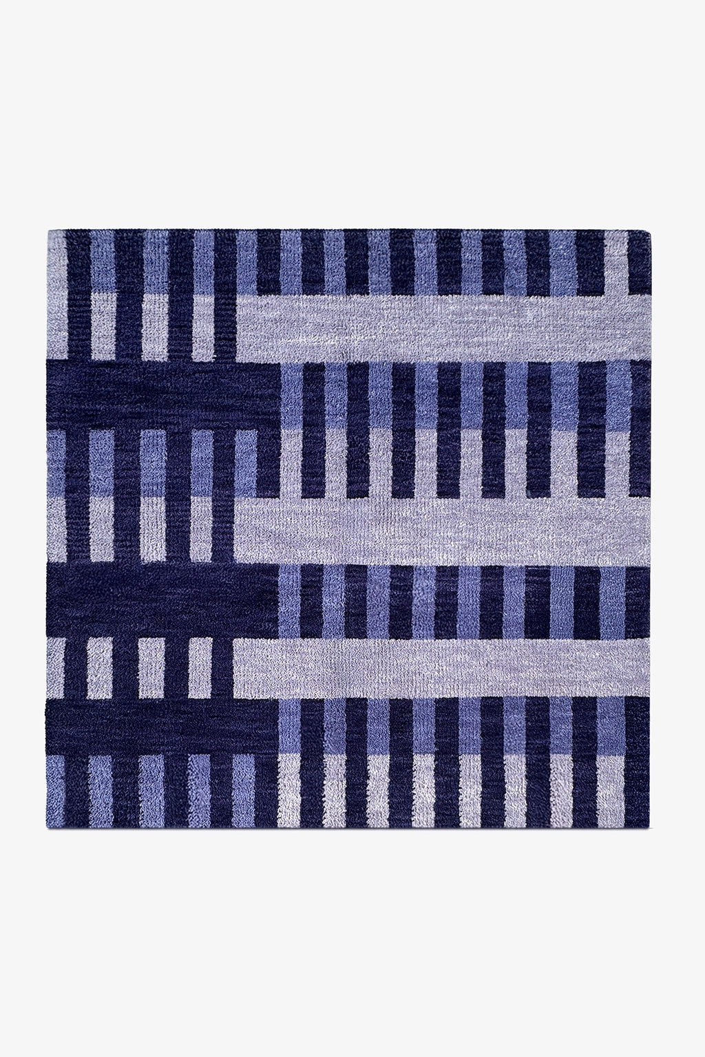 blue striped square rug made from hand-knotted wool