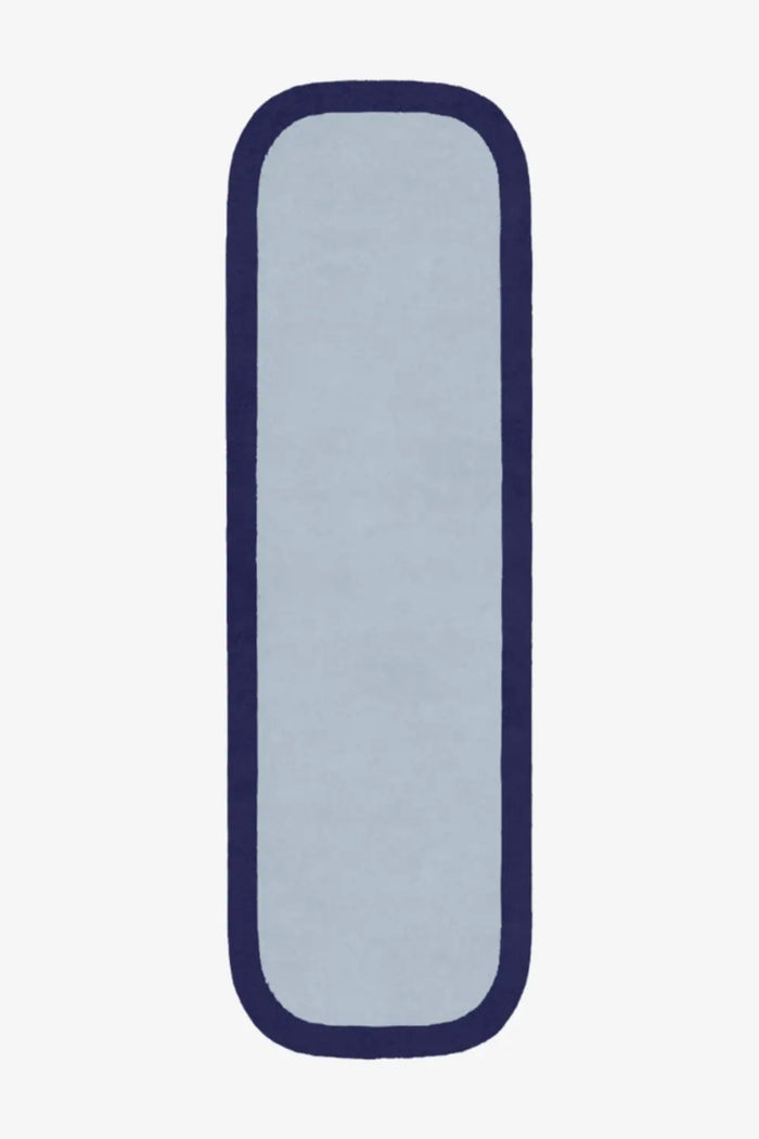 Light blue wool runner rug with navy border, modern minimalist hallway rug 2x8