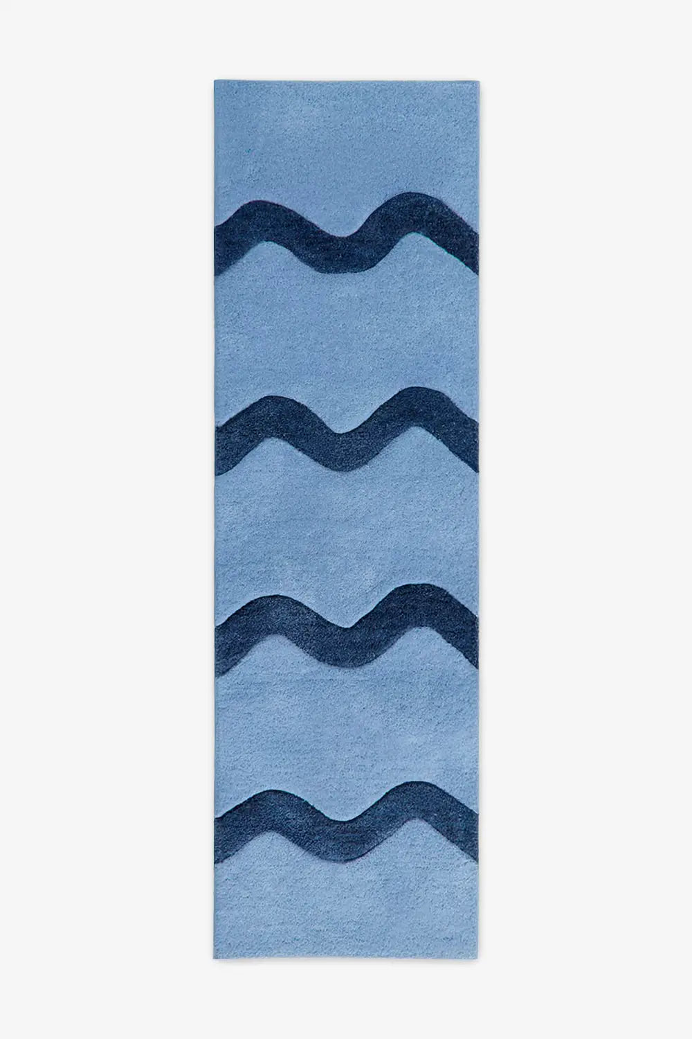 Light blue runner rug with navy blue wavy stripes, modern wool runner for living room or hallway