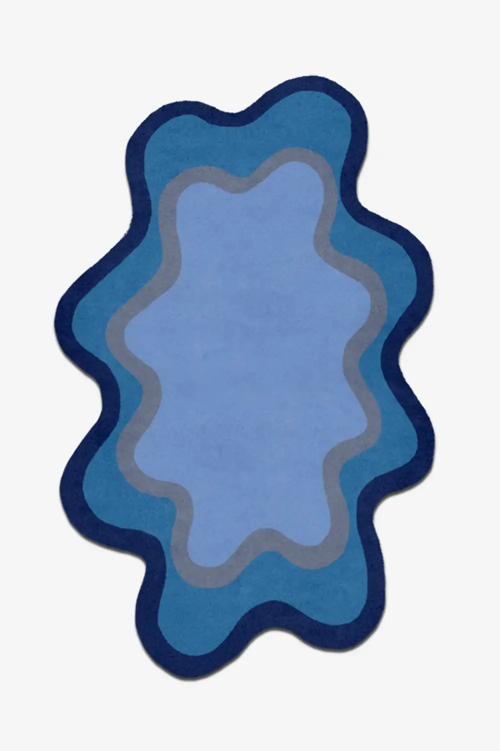 Blue abstract rug with wavy design on a white background