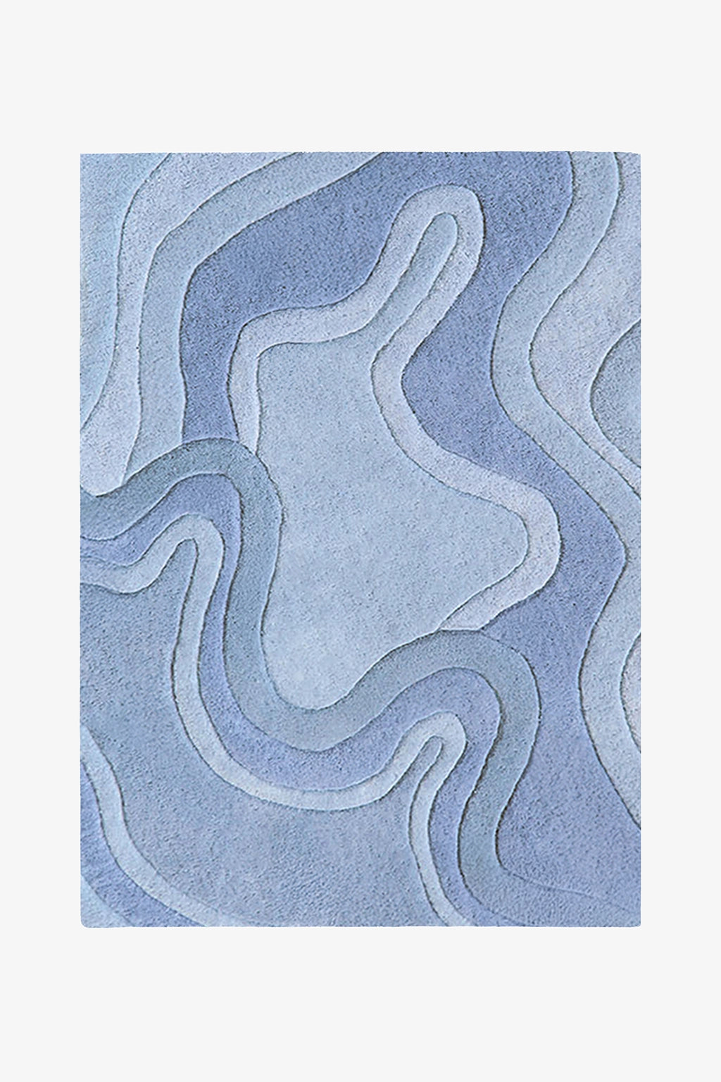 A square area rug with an abstract, layered topographic pattern in shades of light blue, shown flat against a light gray background.