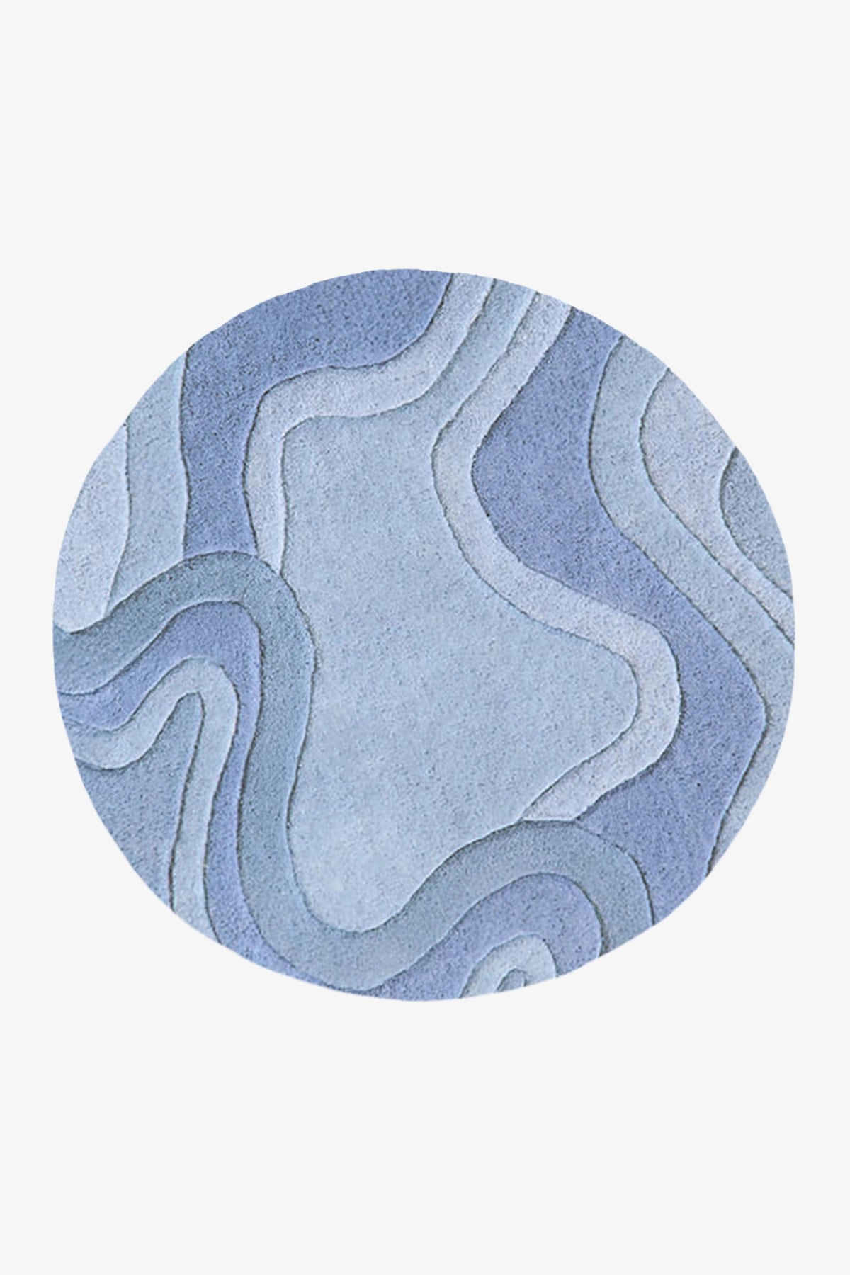 A round area rug featuring an abstract, layered topographic pattern in various shades of blue and light gray, shown against a plain light gray background.