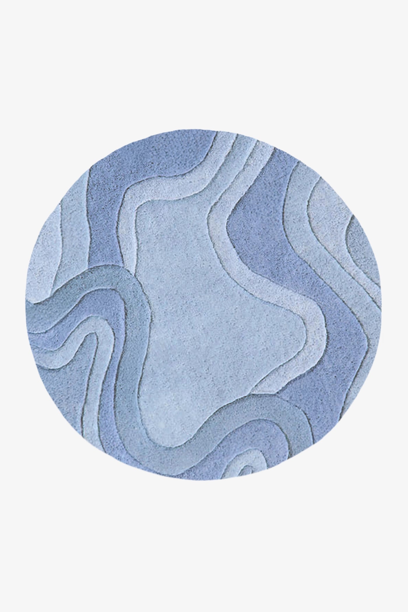 A round area rug featuring an abstract, layered topographic pattern in various shades of blue and light gray, shown against a plain light gray background.