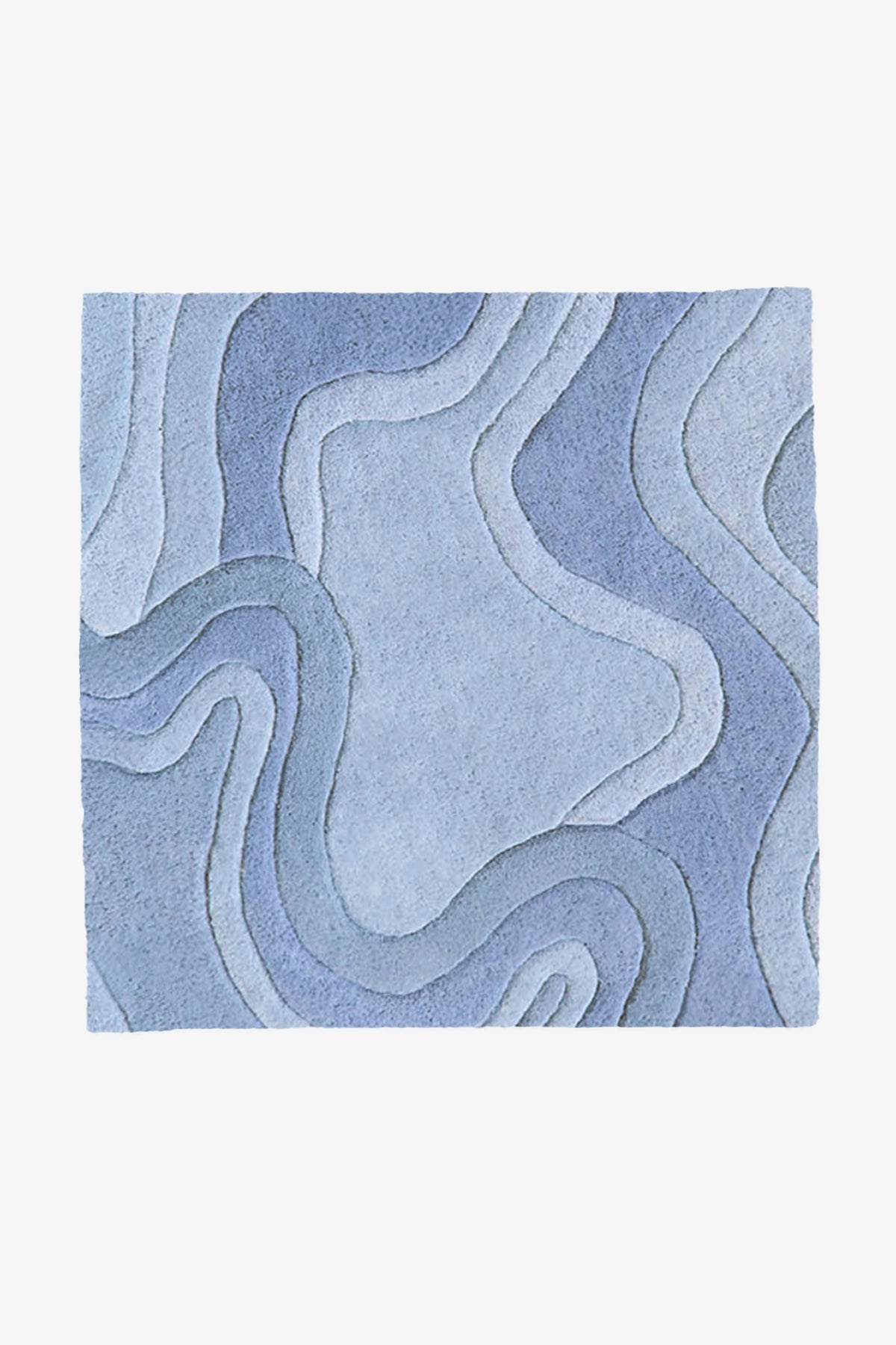 A square area rug with an abstract, layered topographic pattern in various shades of blue and light gray, shown flat against a light gray background.