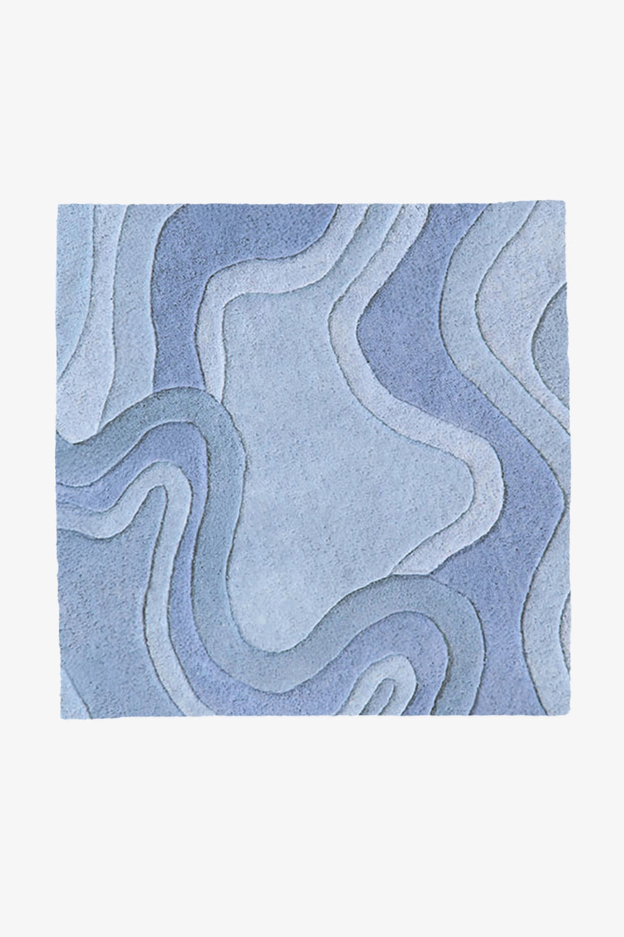A square area rug with an abstract, layered topographic pattern in various shades of blue and light gray, shown flat against a light gray background.
