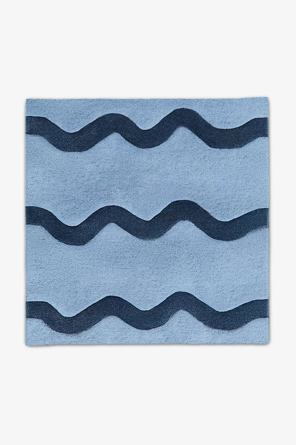 Blue and navy wool square rug with modern wavy pattern, perfect for 8x8 and 9x9 square rug setups under round tables or for fun bedrooms
