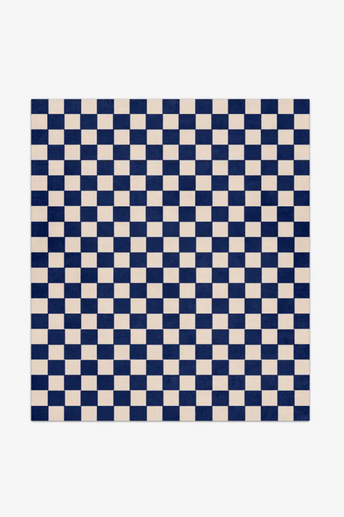 blue and white checkered wool rug