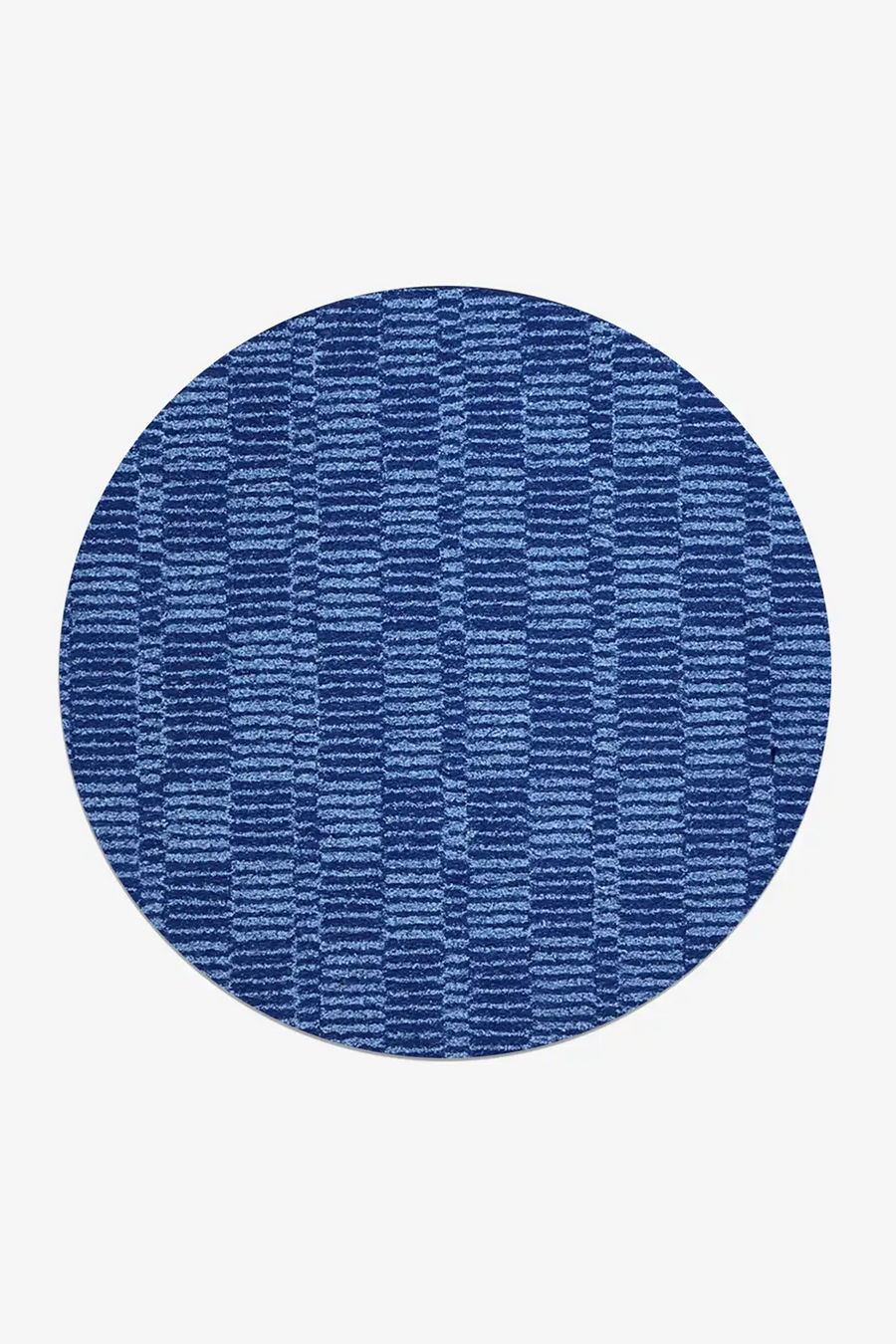 Blue circular rug with a textured plaid-like pattern on a white background