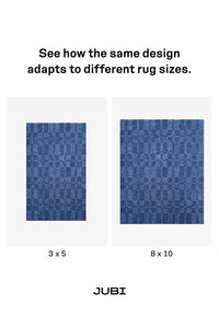 Two blue patterned rugs with dimensions '3 x 5' and '8 x 10' by jubi rugs
